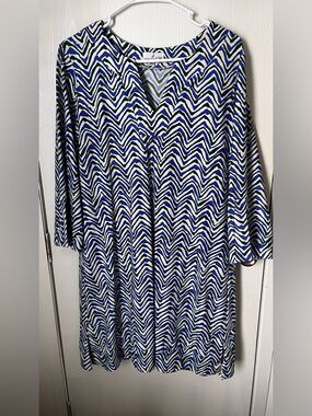 Jude Connally XL Green White And Blue V Neck Dress Made in USA